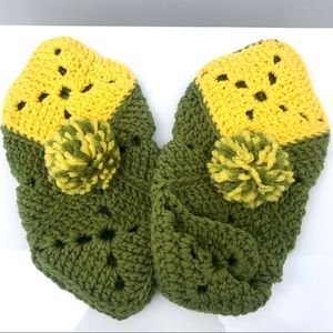 Vintage 70’s lime green & yellow granny square knit elf pixie Pom Pom slippers